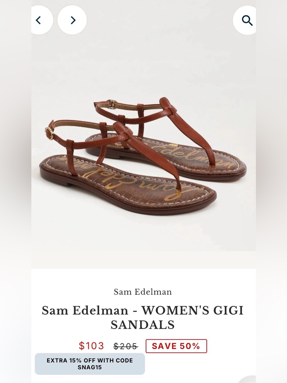 Sam Edelman Gigi T-Strap Sandals in Cognac Brown